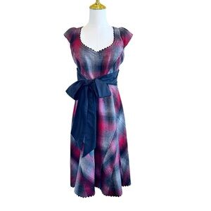 Anthropologie Floreat Lothian Plaid Dress 6 Red/Gray Wool/Silk Cap Sleeves Midi
